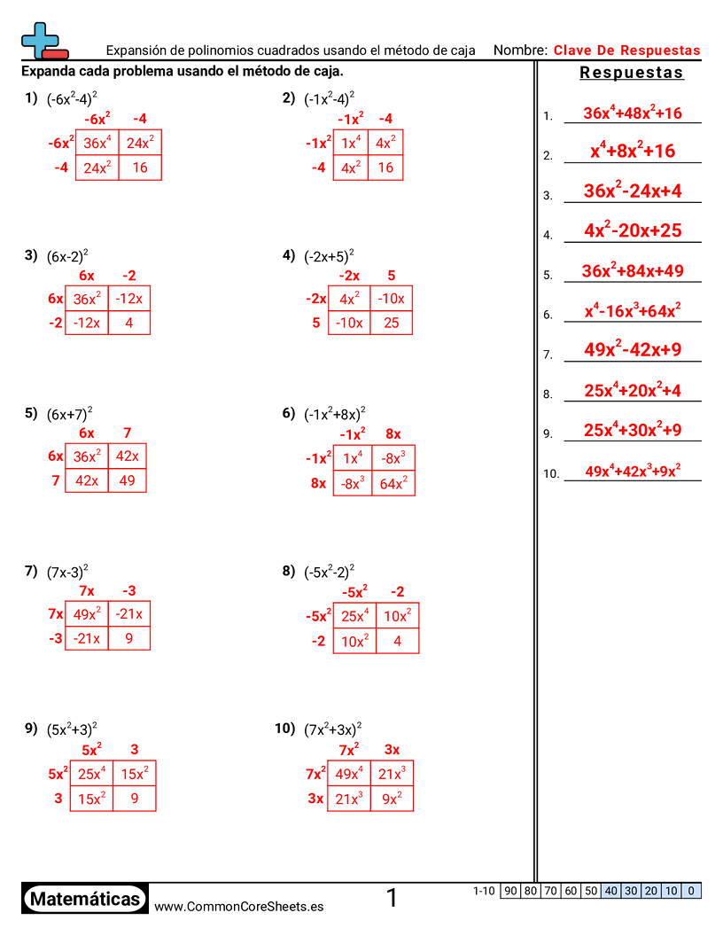 Ejercicios de álgebra - Expandir polinomios cuadráticos usando el método de la caja worksheet