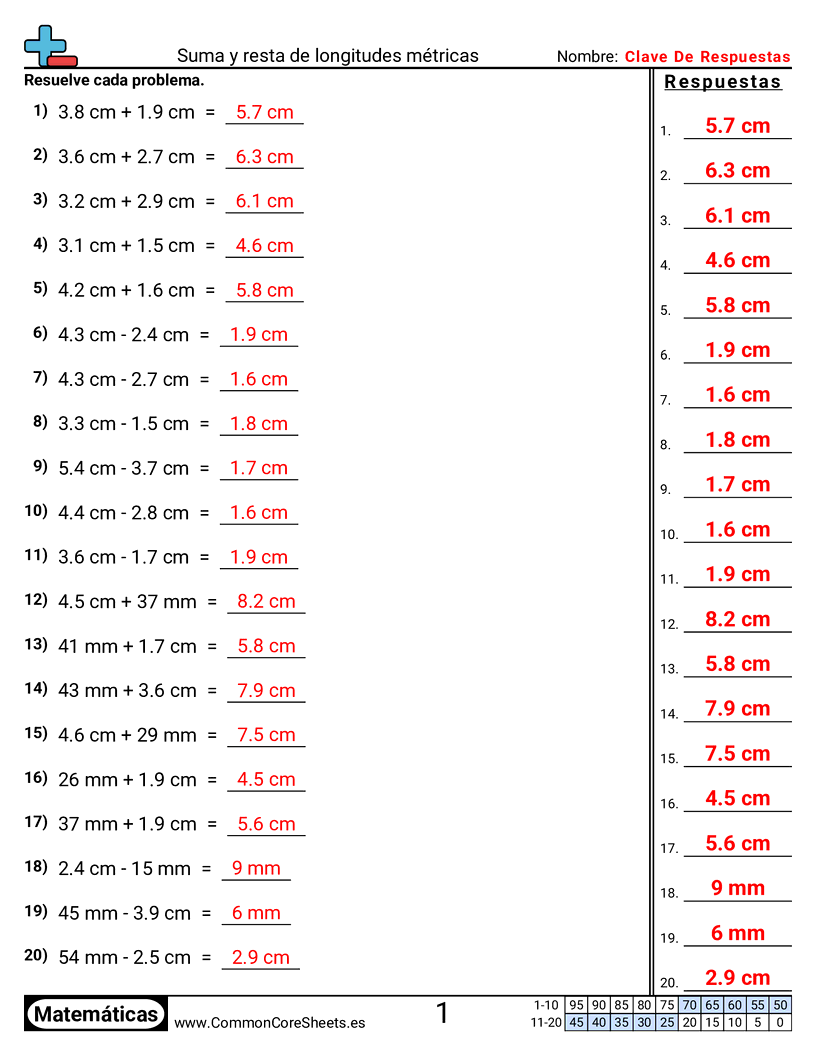 Ejercicios  de medición - Sumar y restar longitudes métricas worksheet