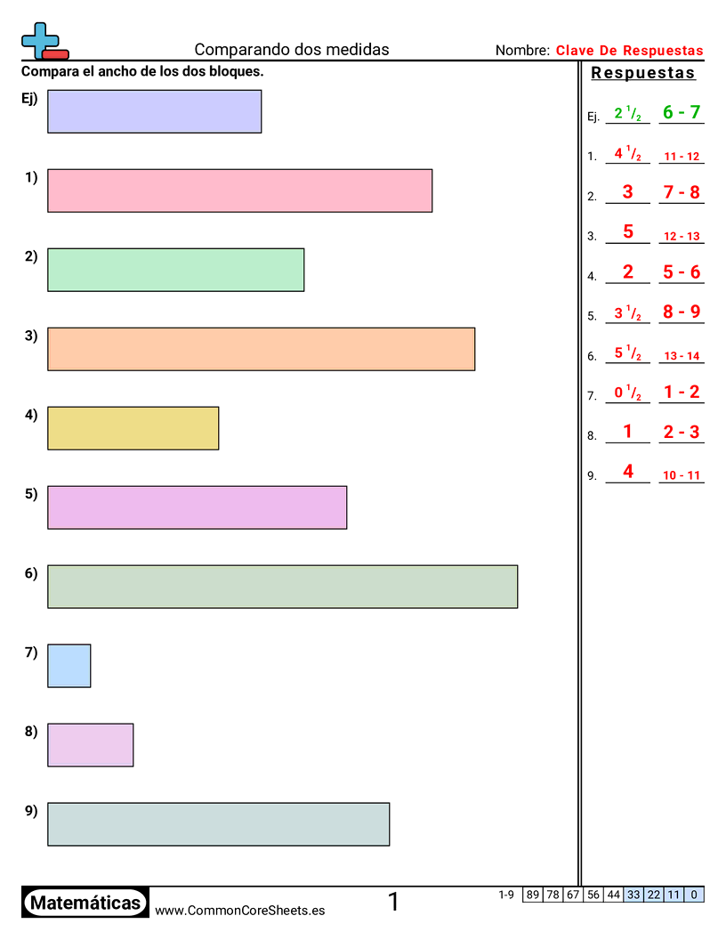 Ejercicios  de medición - Comparar el ancho de objetos worksheet