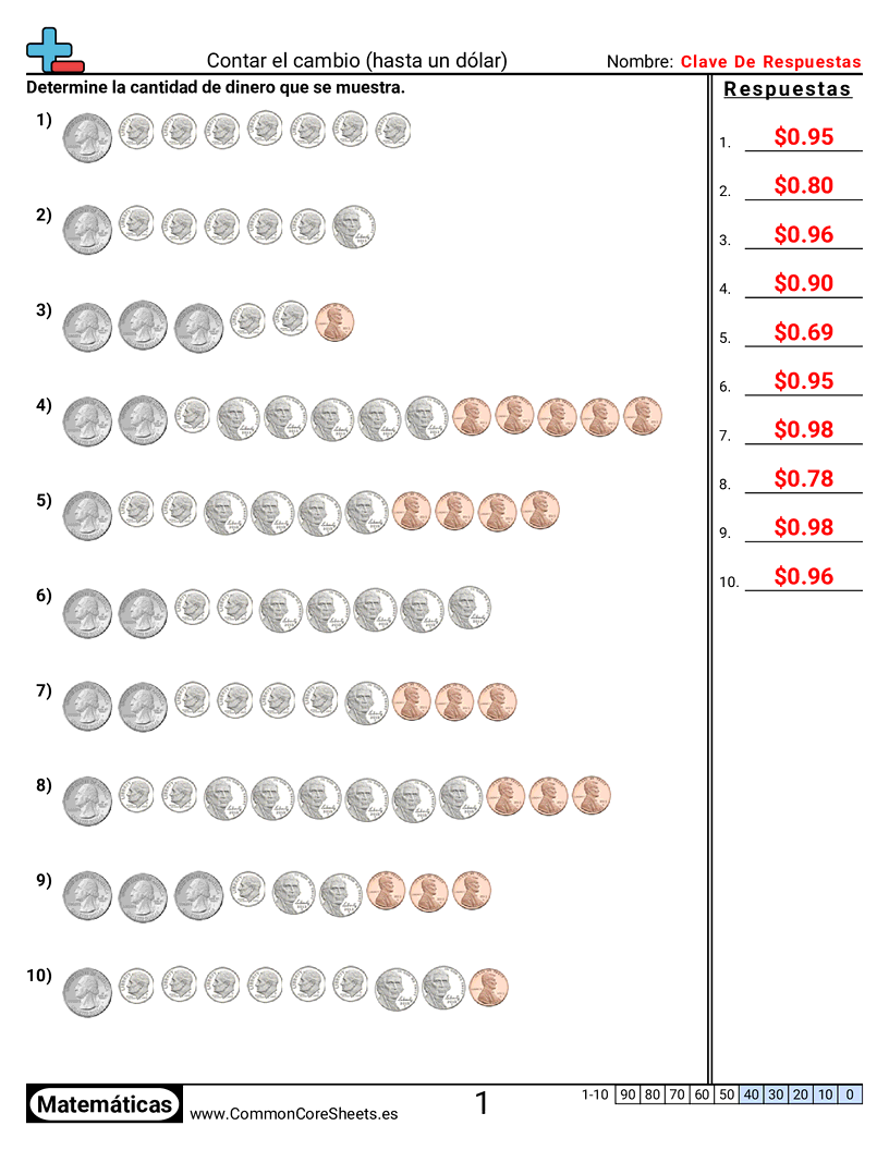 Ejercicios  de dinero  - Contar cambio (dentro de un dólar) worksheet