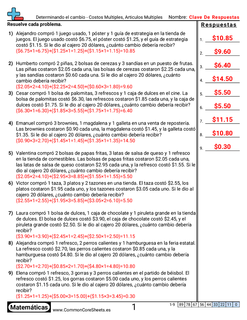 Ejercicios  de dinero  - Varios artículos, varios precios worksheet