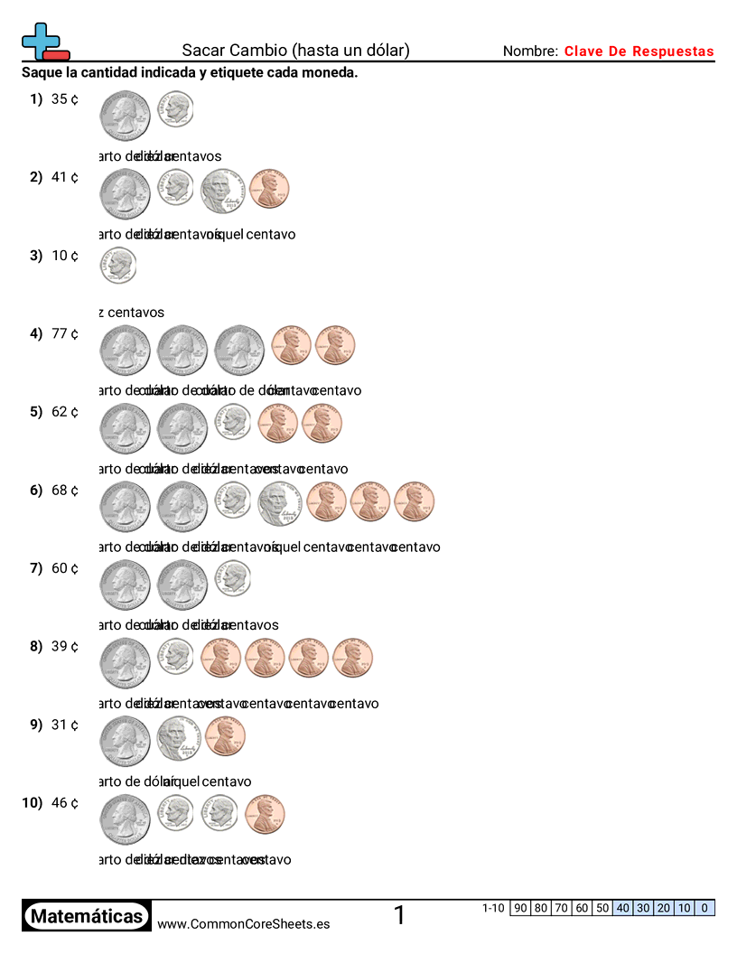 Ejercicios  de dinero  - Dibujar cambio (dentro de un dólar) worksheet