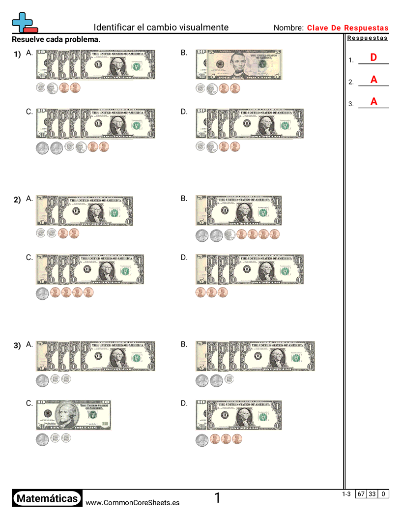 Ejercicios  de dinero  - Identificar el cambio visualmente worksheet