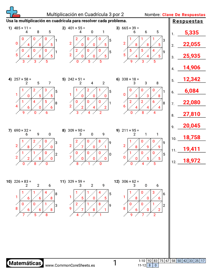 Ejercicios  de multiplicación - 3 dígitos × 2 dígitos worksheet