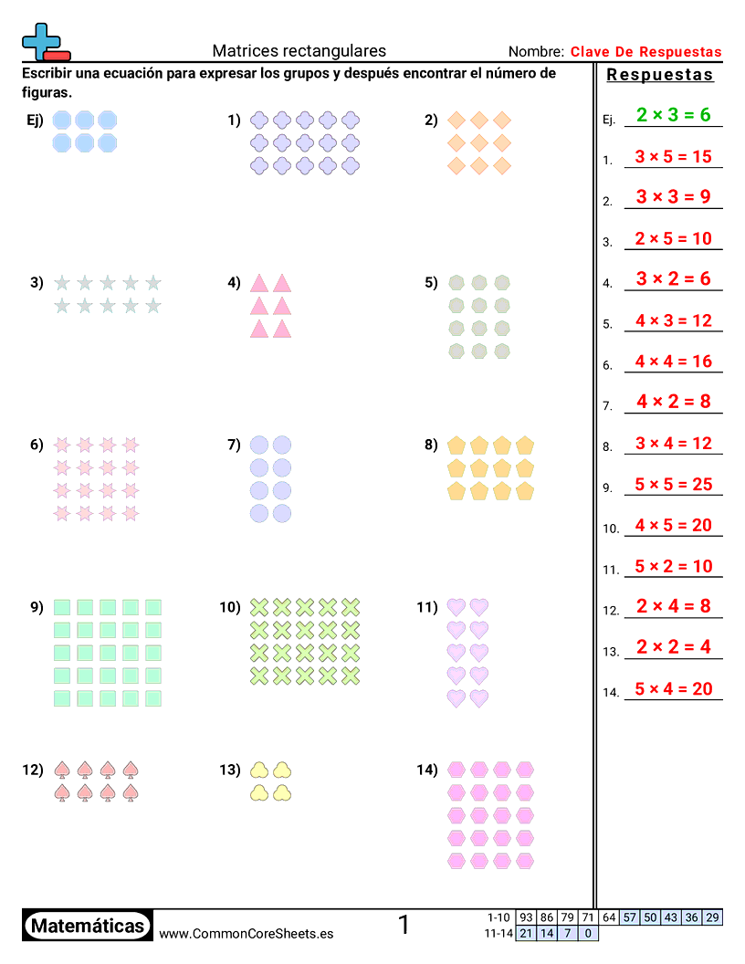 Ejercicios  de multiplicación - Arreglos rectangulares worksheet