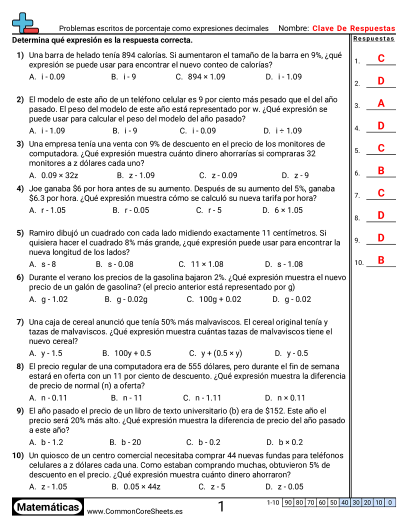 Ejercicios de álgebra - Problemas de porcentajes como expresiones decimales (problemas de palabras) worksheet
