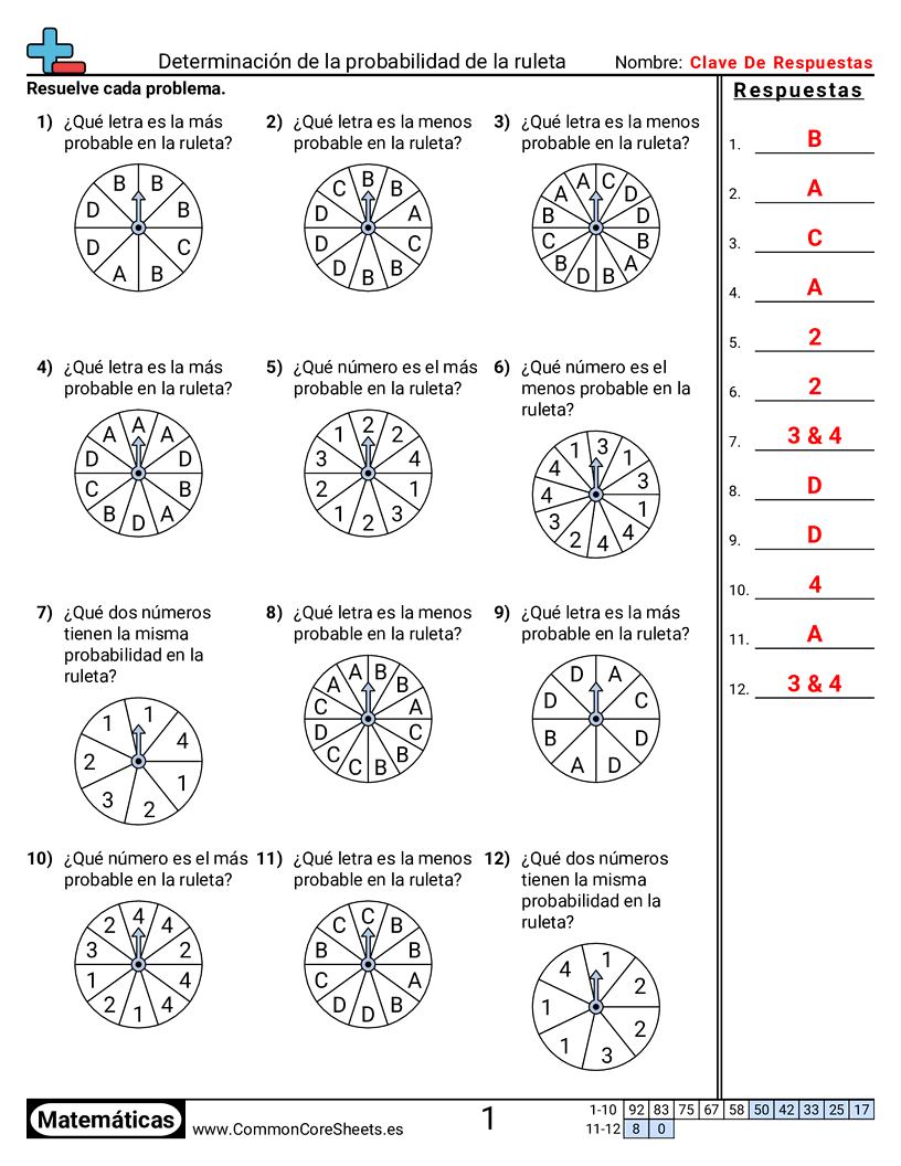 Ejercicios  de probabilidad - Determinar probabilidad con ruleta worksheet