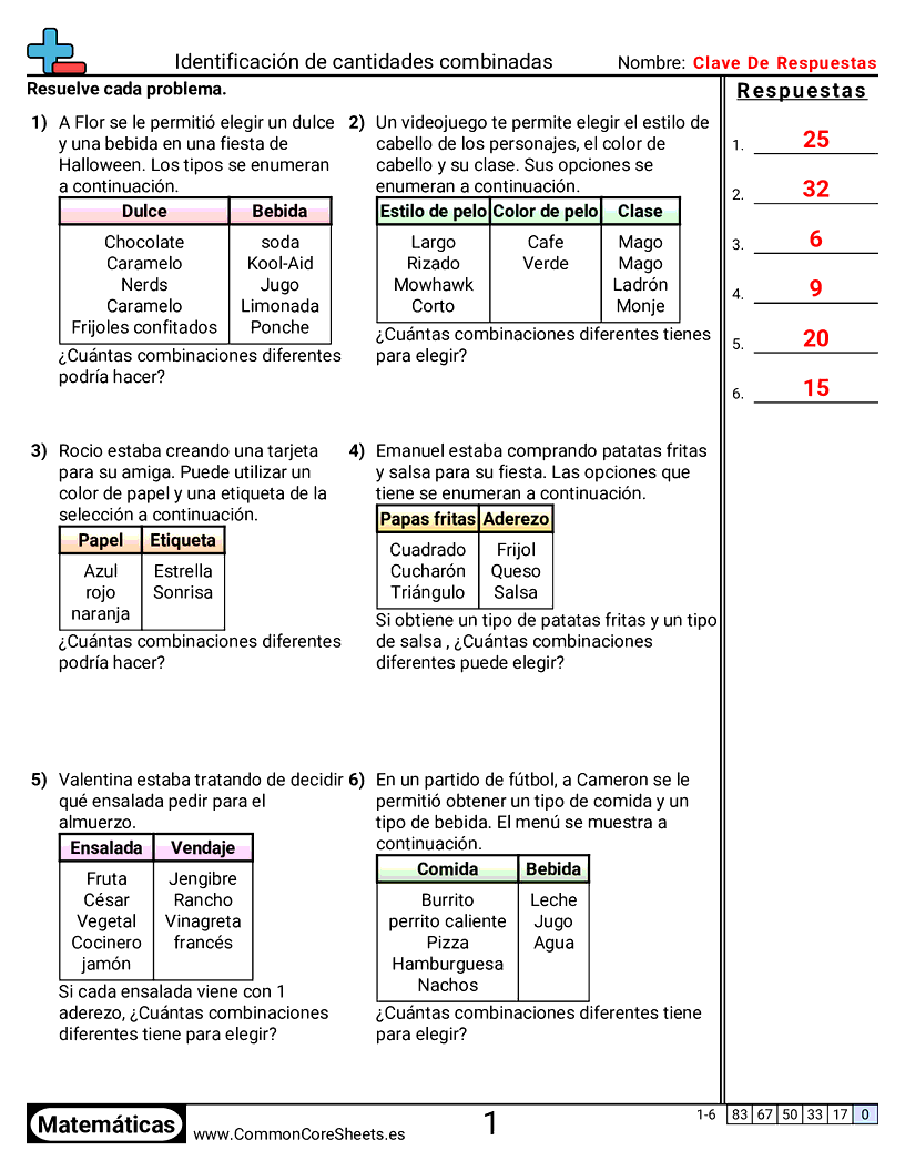 Ejercicios  de probabilidad - Identificar cantidades de combinaciones worksheet