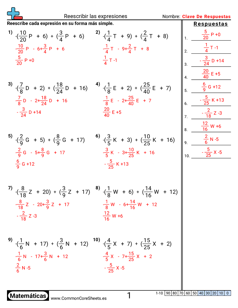 Ejercicios de álgebra - Reescribir expresiones worksheet