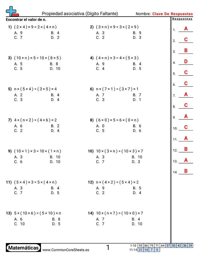 Ejercicios  de propiedades  - Completar la propiedad asociativa worksheet