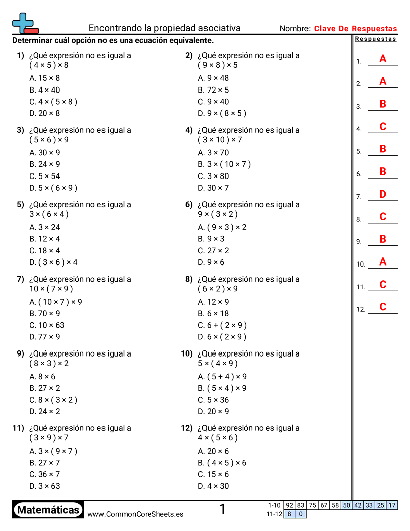 Ejercicios  de propiedades  - Encontrar propiedad asociativa equivalente worksheet