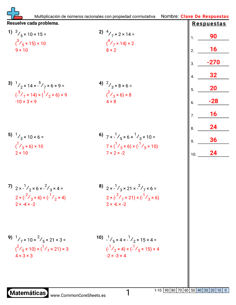 Ejercicios  de propiedades  - Multiplicación de números racionales con la propiedad conmutativa worksheet