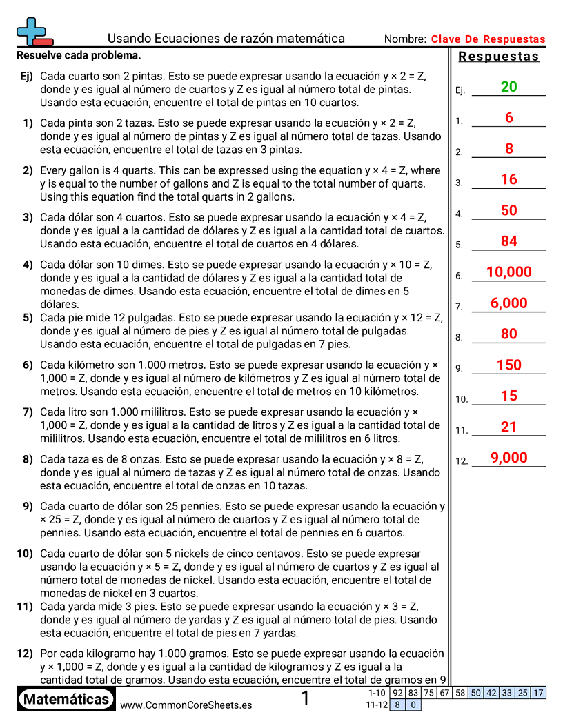Ejercicios  de relaciones - Usar ecuaciones de razones worksheet