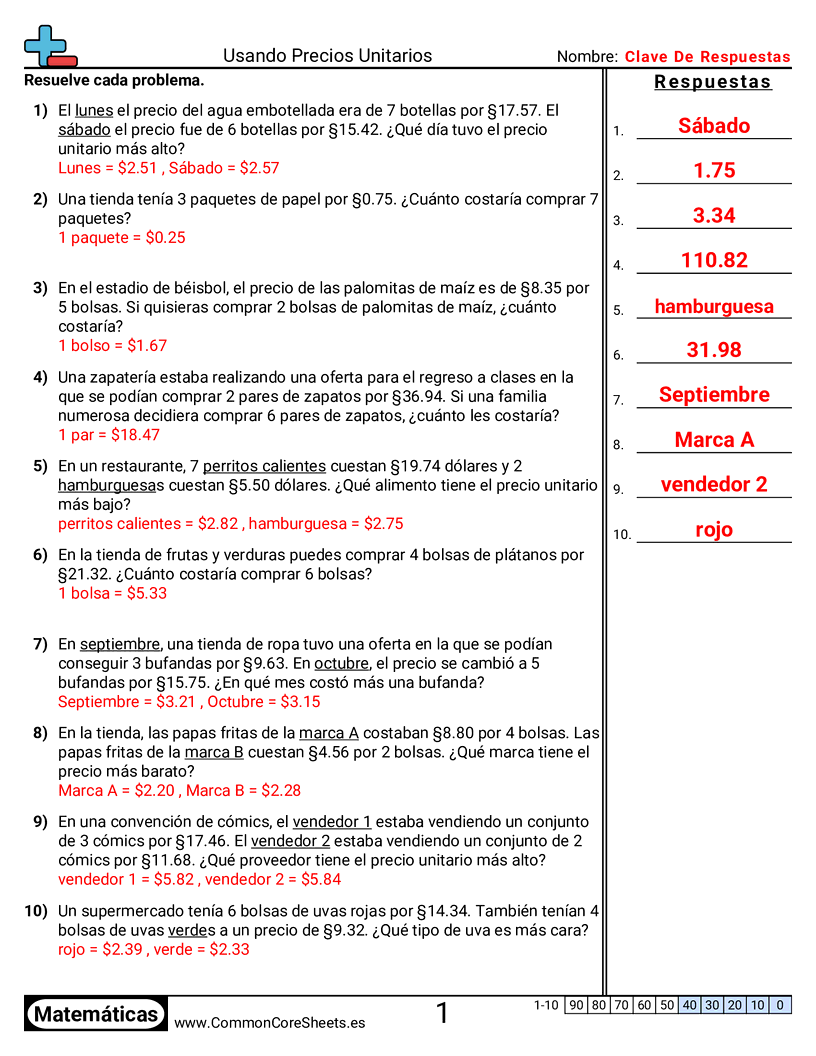 Ejercicios  de relaciones - Usar precios unitarios worksheet