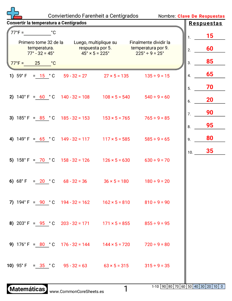 Ejercicios  de temperatura - Fahrenheit a Celsius worksheet