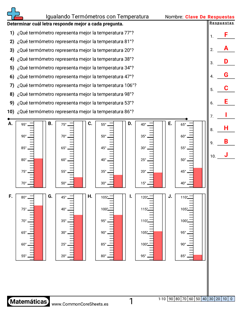 Ejercicios  de temperatura - Emparejar termómetros worksheet