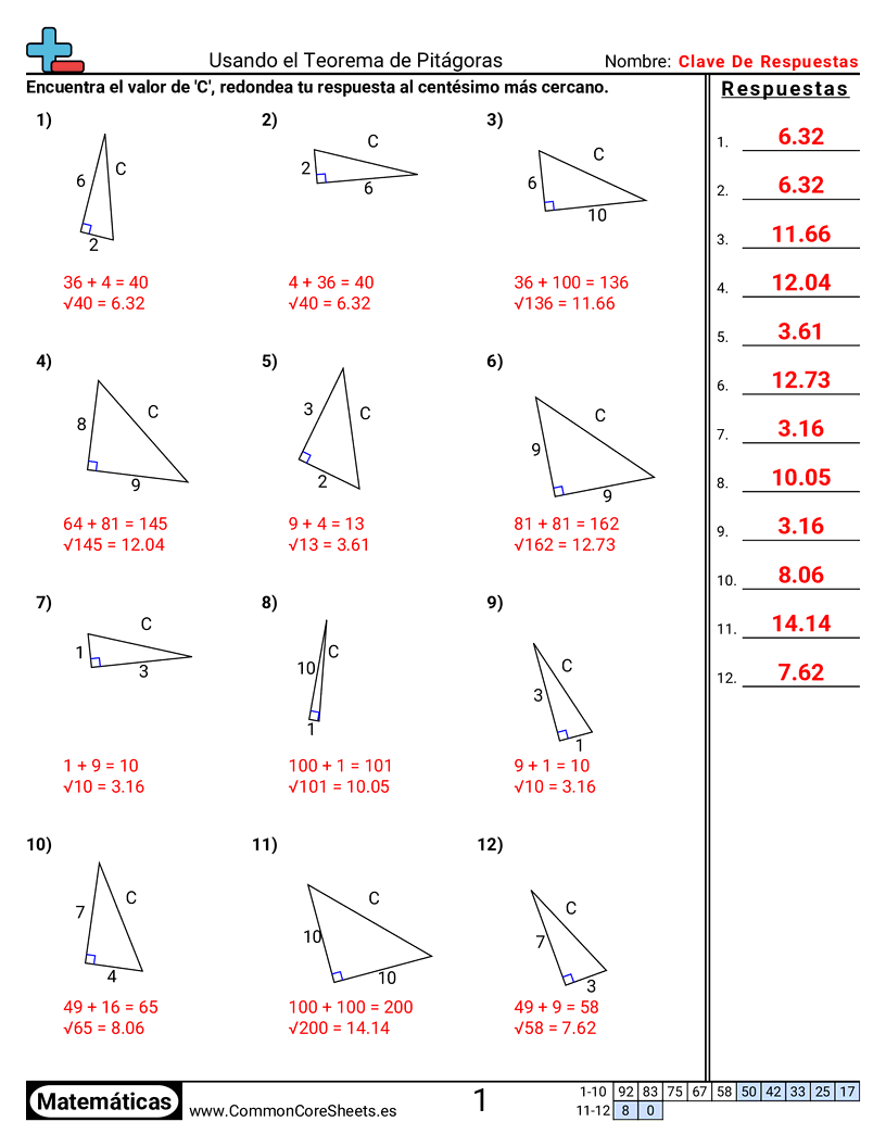 Ejercicios de álgebra - Usar el teorema de Pitágoras worksheet