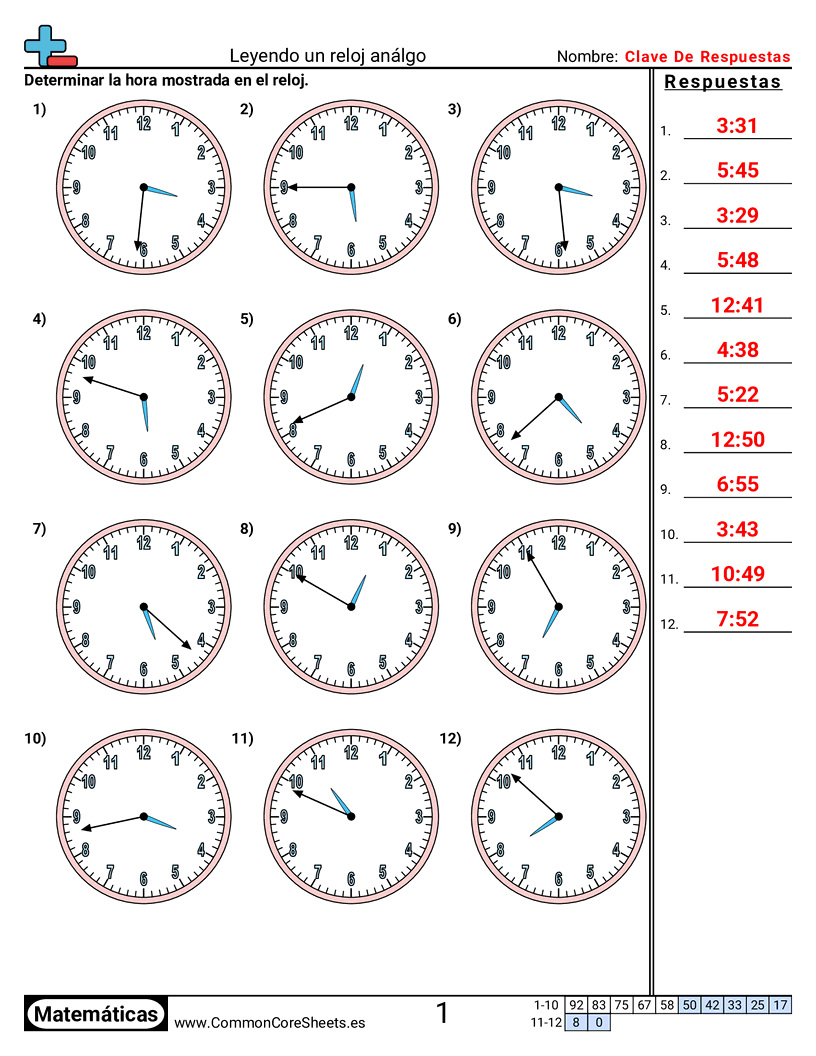 visual Ejercicios  de tiempo - Leer un reloj (incrementos de 1 minuto) worksheet