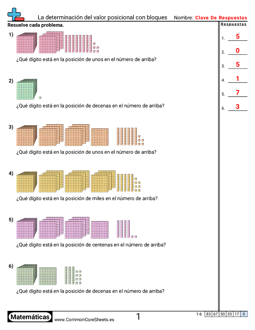 Ejercicios  de valor y valor posicional - Determinar valor posicional con bloques worksheet