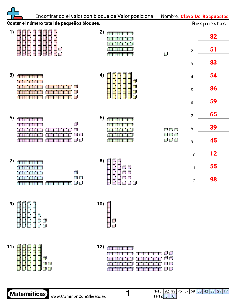 Ejercicios  de valor y valor posicional - Bloques de valor posicional (decenas y unidades) worksheet