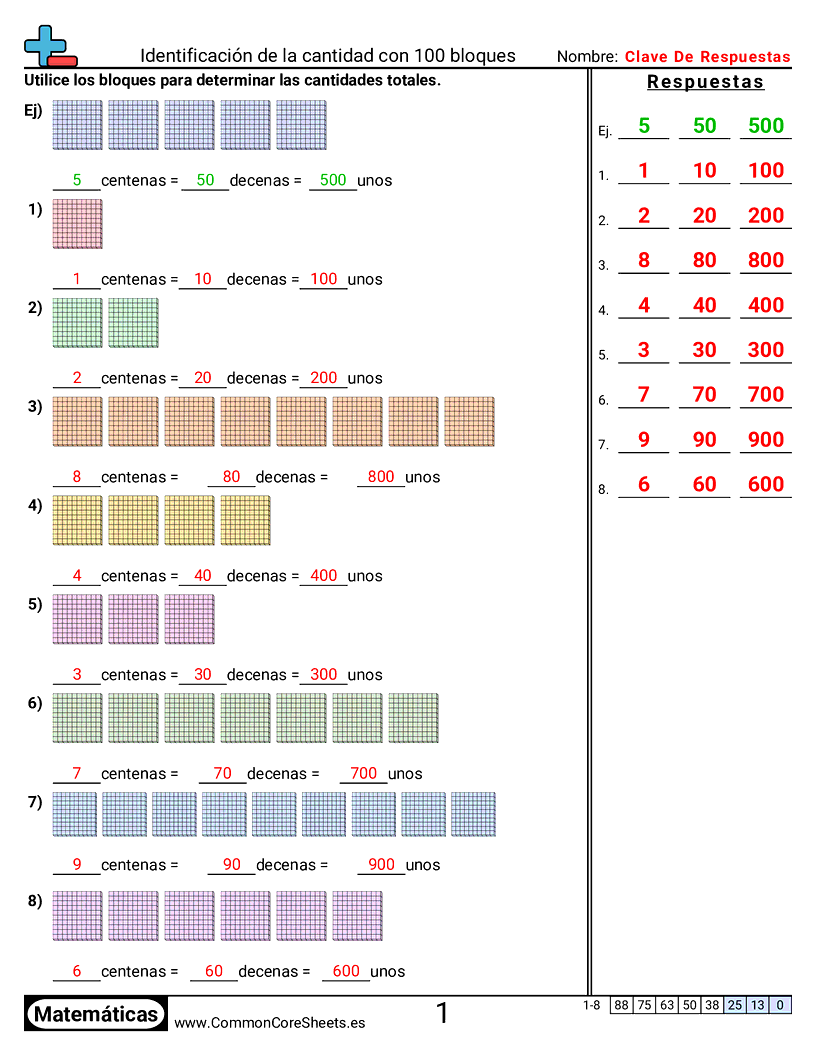 Ejercicios  de valor y valor posicional - Identificar cantidad con bloques de 100 worksheet